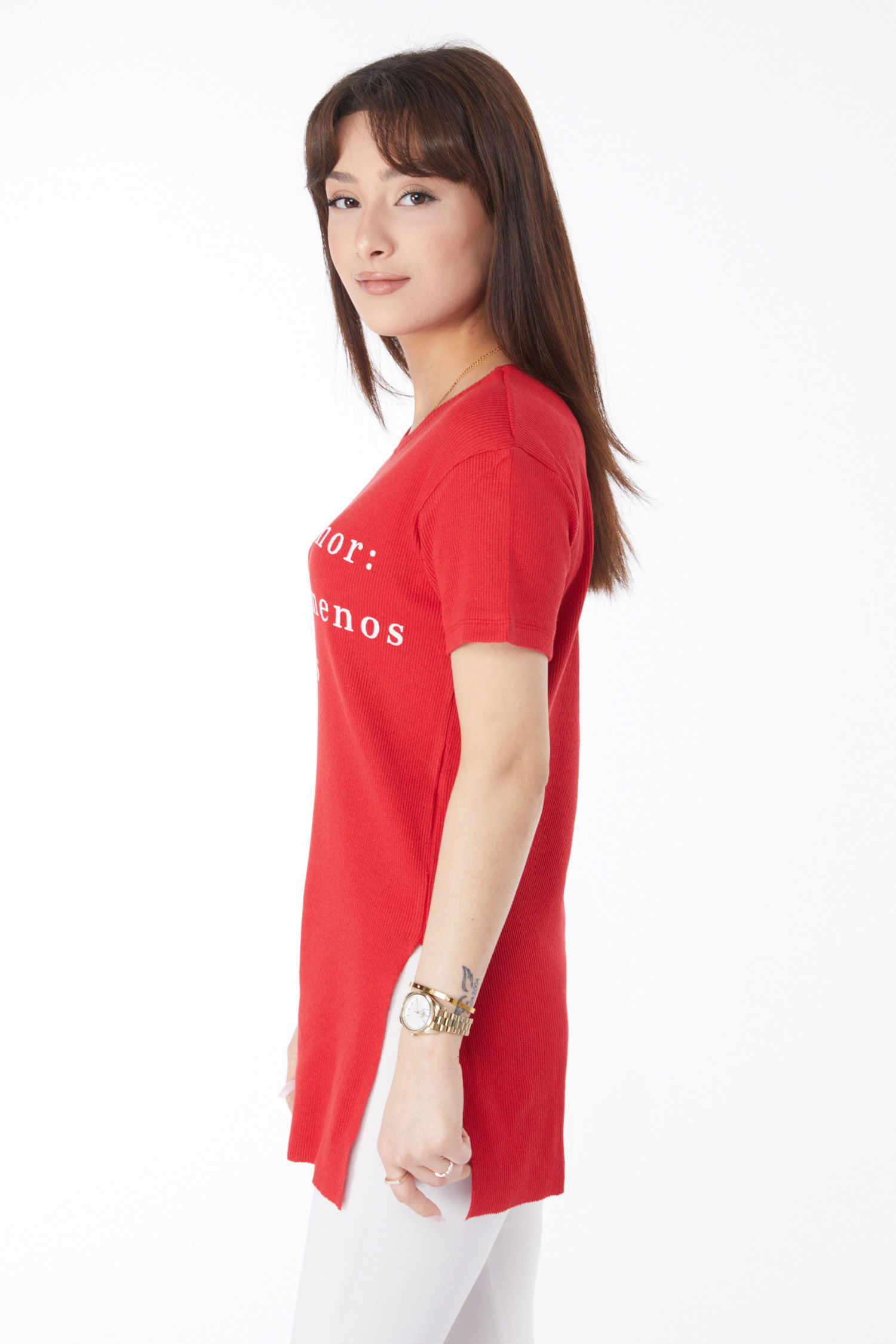 Baskılı Yırtmaçlı T-shirt Kirmizi - 24792 - 4