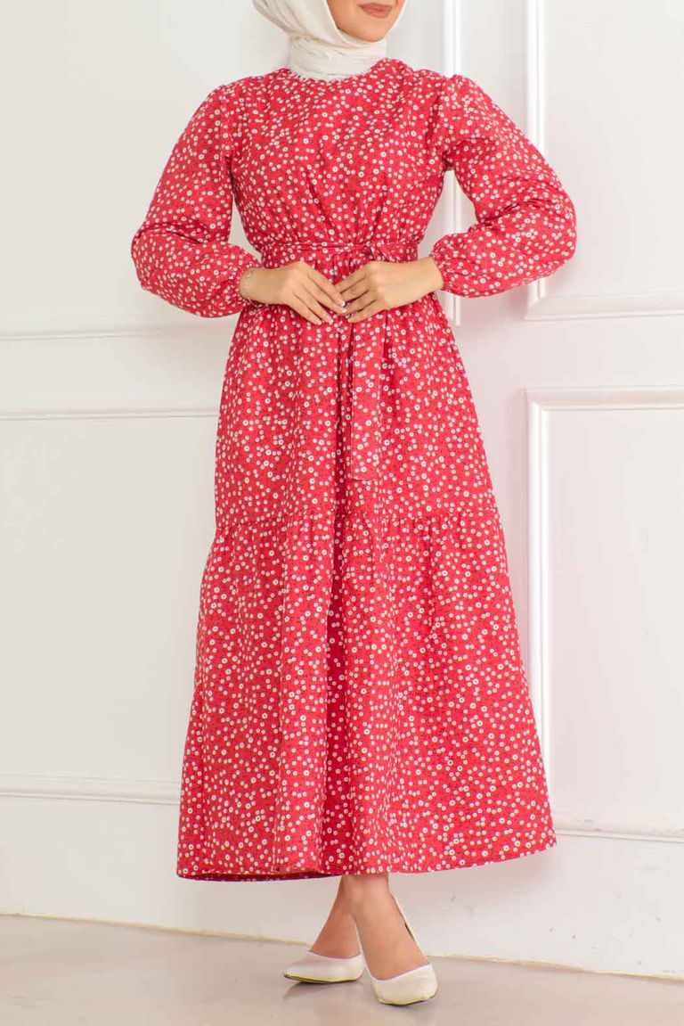 Desenli Kolu Büzgülü Elbise Kirmizi - 26623 - TOFİSA