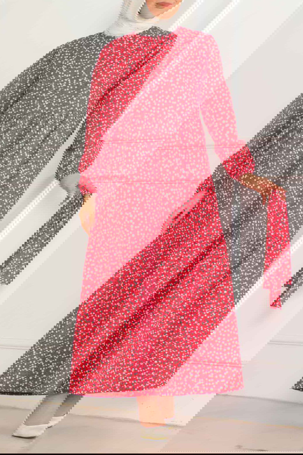 Desenli Kolu Büzgülü Elbise Kirmizi - 26623 - 2