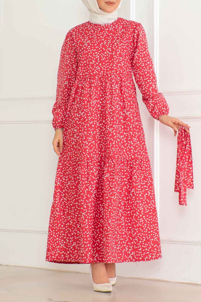 Desenli Kolu Büzgülü Elbise Kirmizi - 26623 - TOFİSA