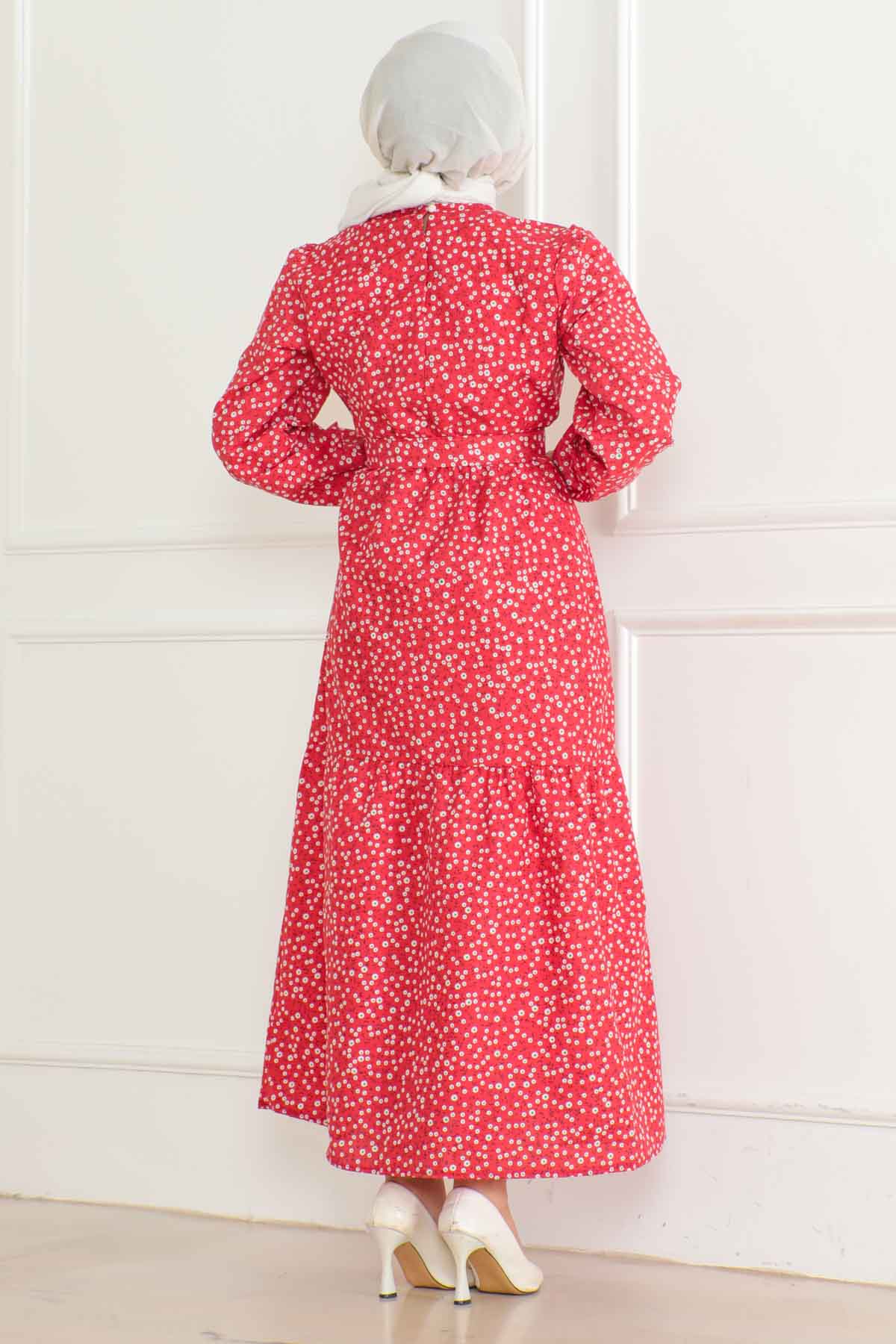 Desenli Kolu Büzgülü Elbise Kirmizi - 26623 - 4