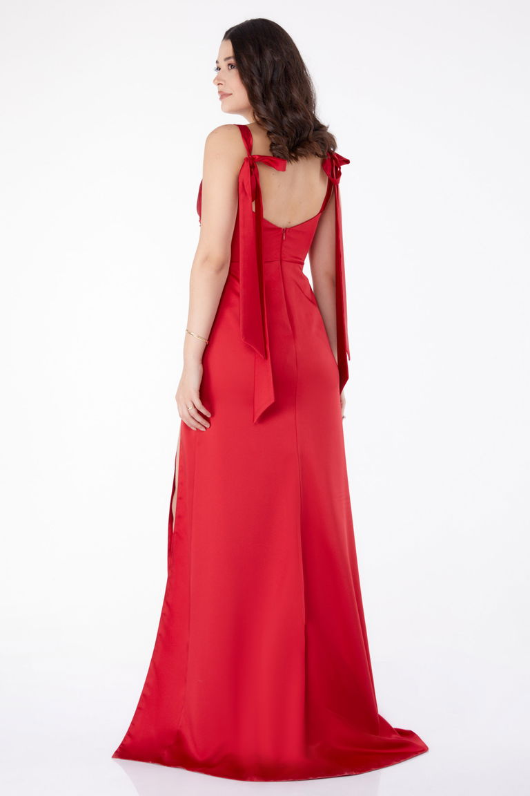 Düz Orta Kadın Kirmizi Kolsuz Taşlı Abiye Elbise - 25455 - TOFİSA