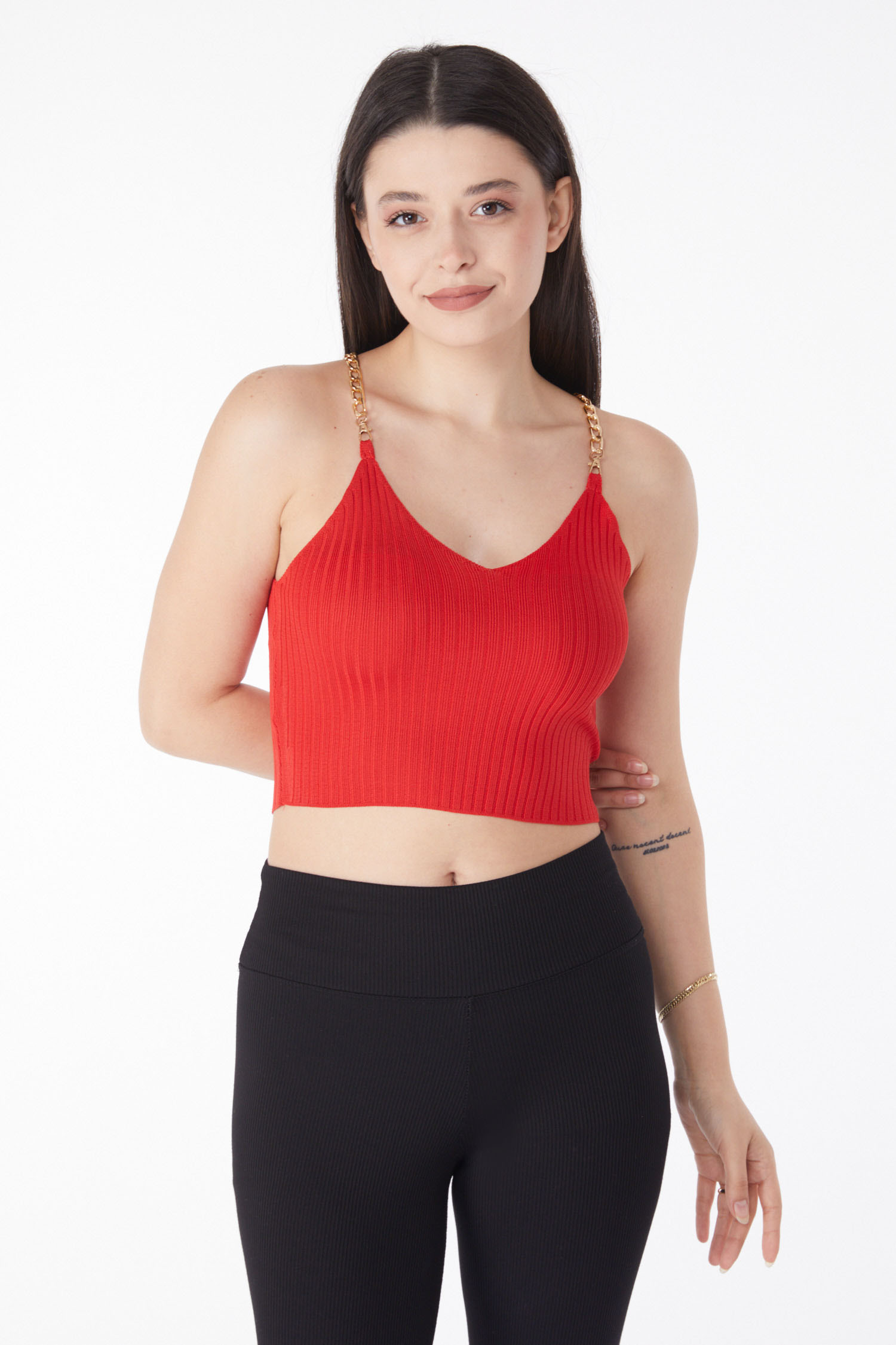 Düz Orta Kadın Kirmizi Zincirli Triko Crop - 25221 - 1
