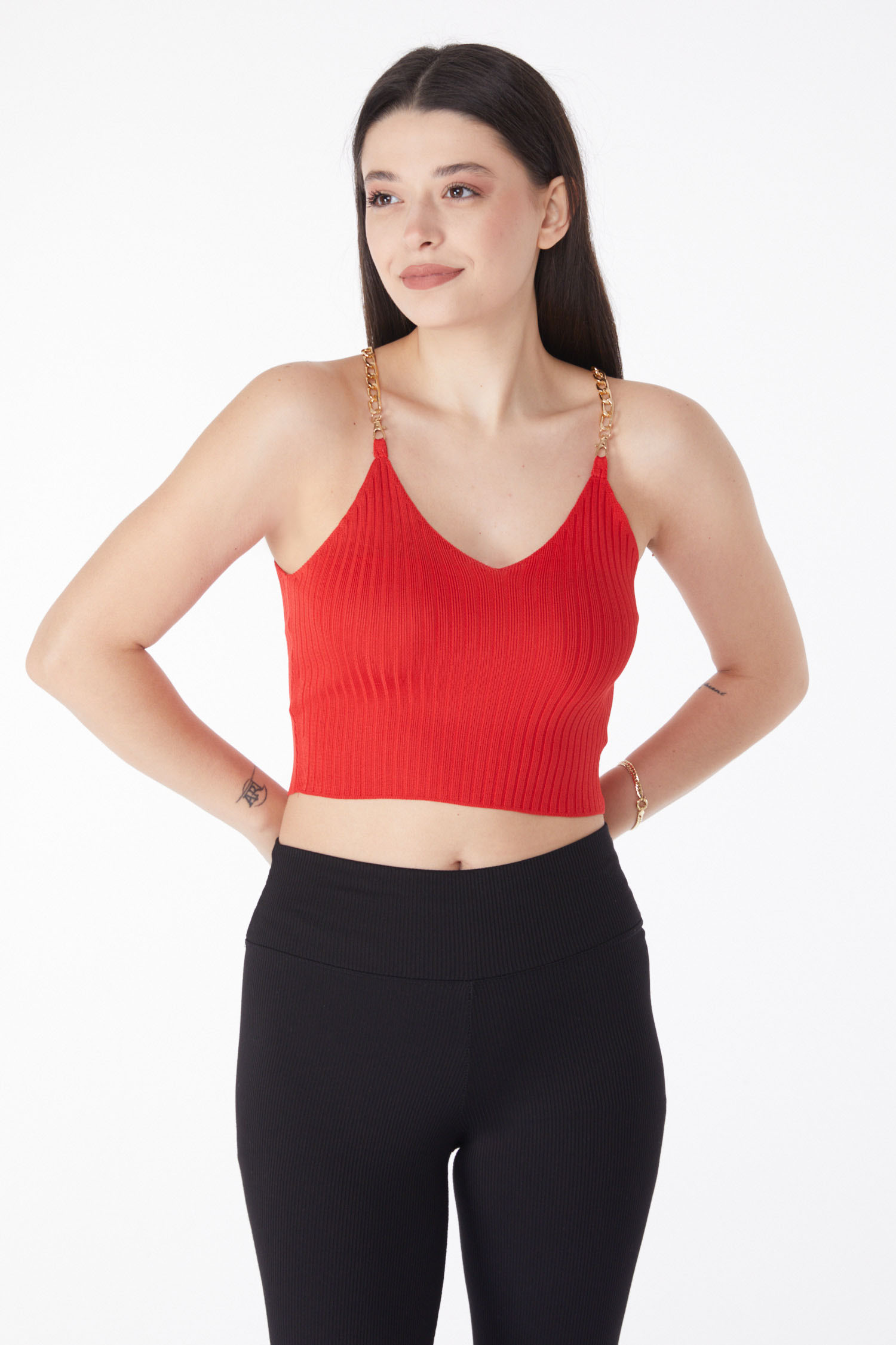 Düz Orta Kadın Kirmizi Zincirli Triko Crop - 25221 - 2