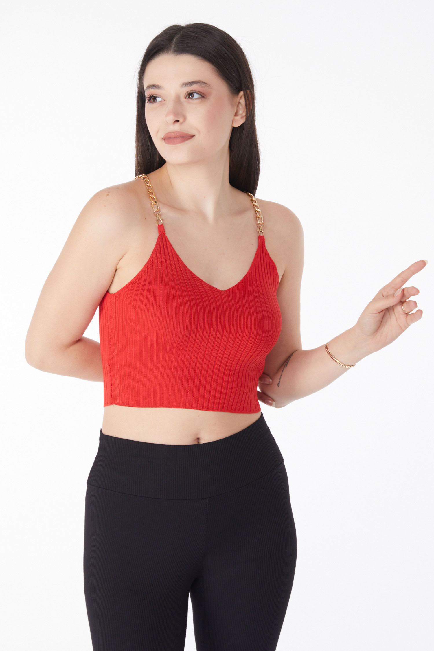 Düz Orta Kadın Kirmizi Zincirli Triko Crop - 25221 - 3