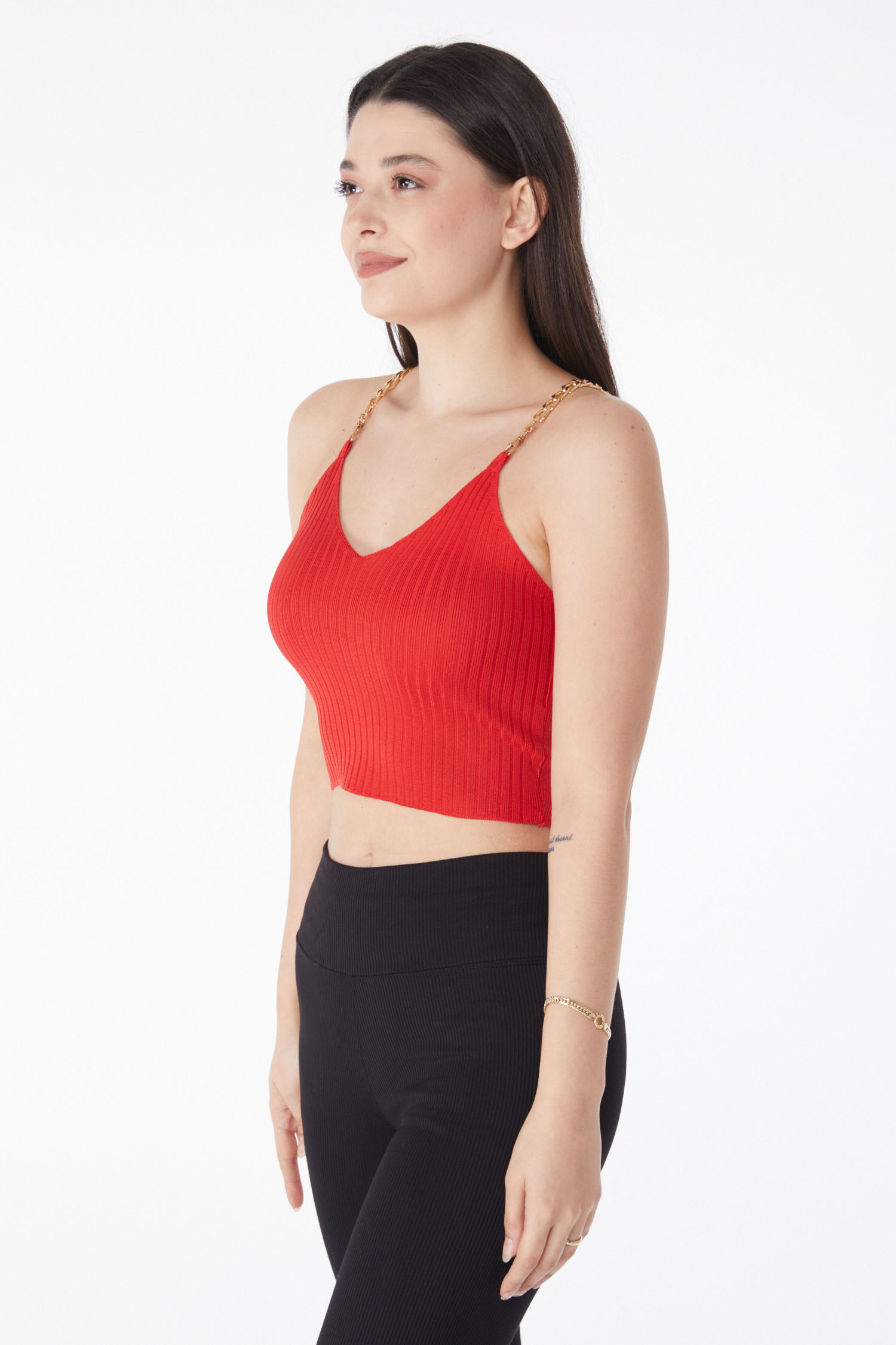 Düz Orta Kadın Kirmizi Zincirli Triko Crop - 25221 - 4