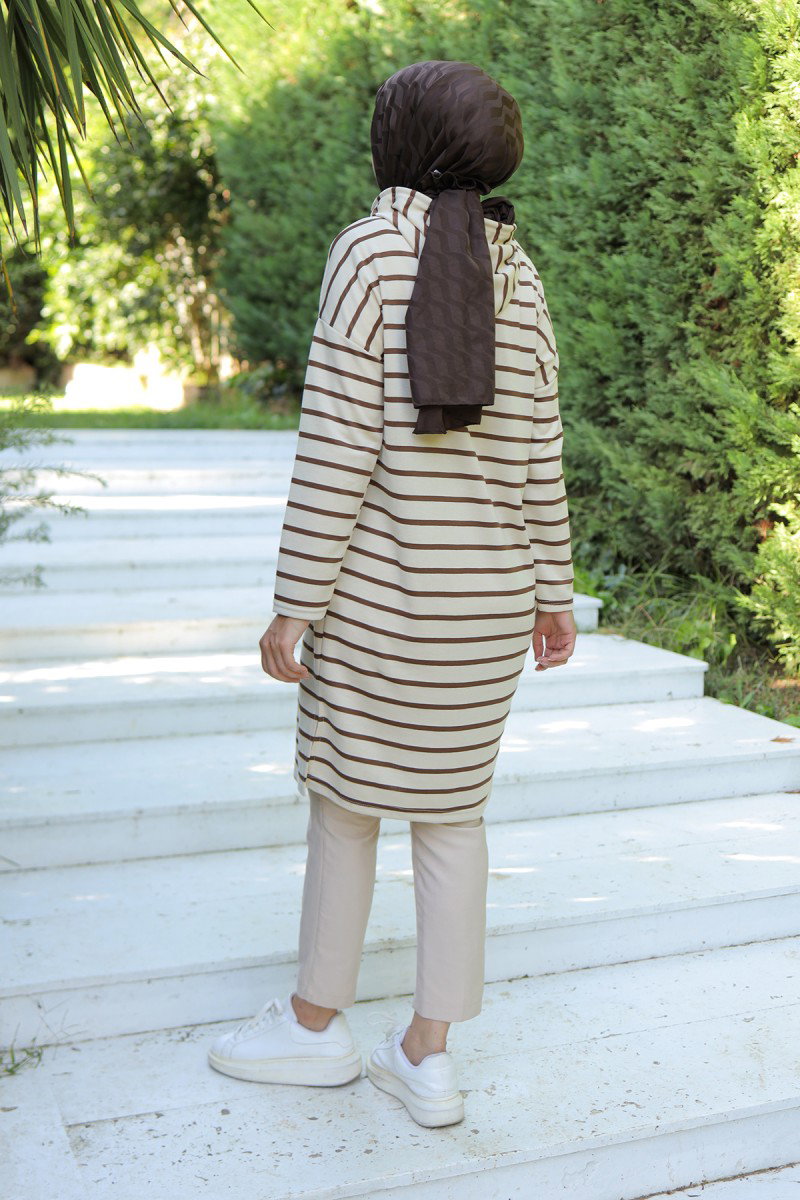 Kapşonlu Çizgili Tunik Koyu Kahve - 26587 - 3
