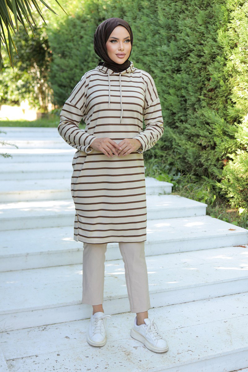 Kapşonlu Çizgili Tunik Koyu Kahve - 26587 - 5
