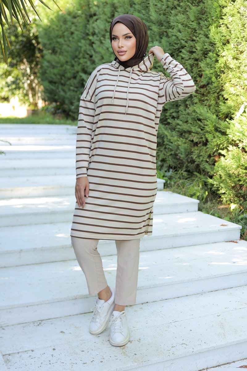 Kapşonlu Çizgili Tunik Koyu Kahve - 26587 - 6