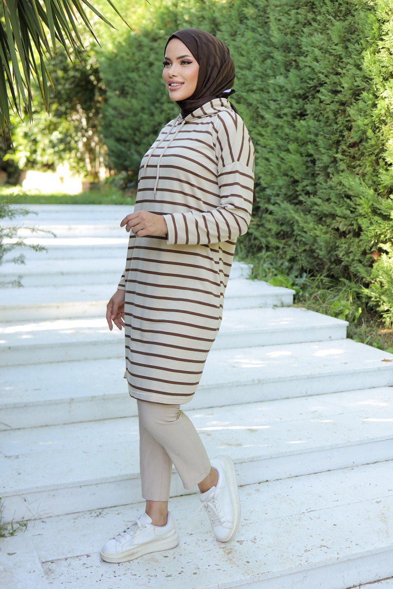 Kapşonlu Çizgili Tunik Koyu Kahve - 26587 - 7