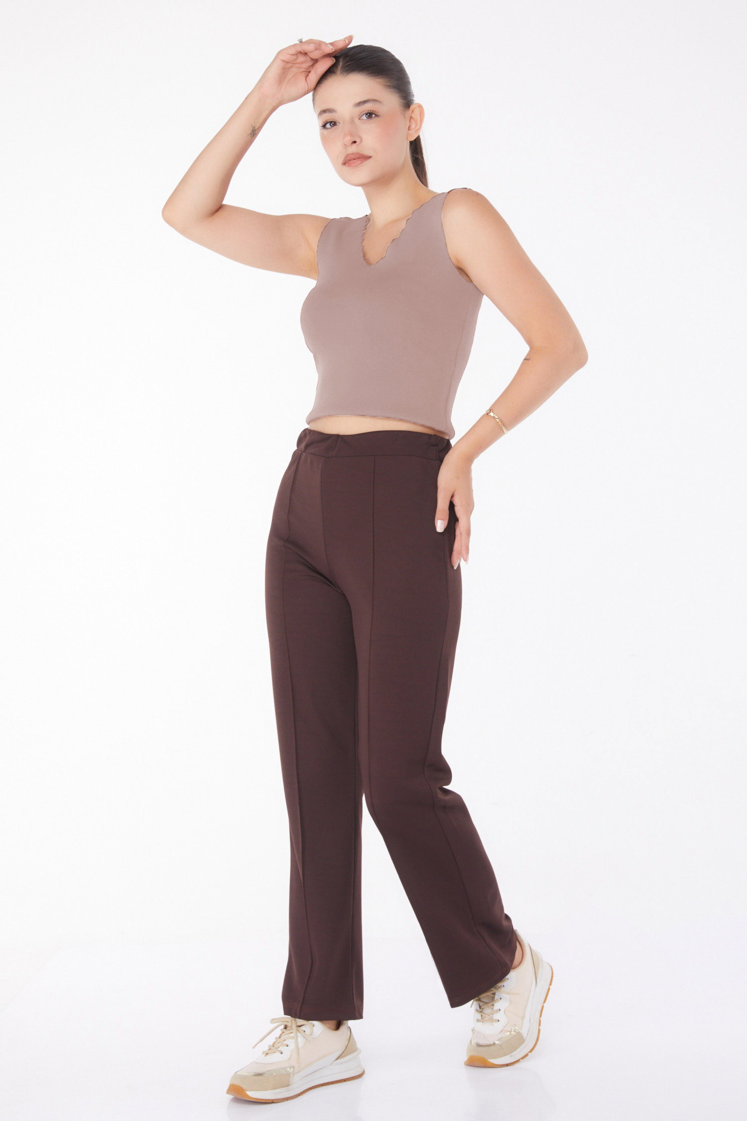 Düz Orta Kadın Koyu Kahve Pantolon - 23868 - 2