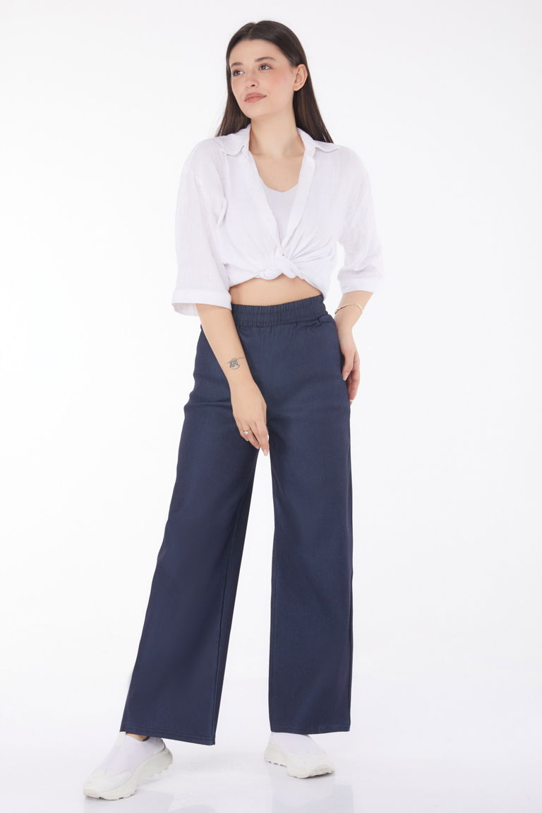 Düz Orta Kadın Koyu Lacivert Beli Lastikli Kot Patolon - 25637 - TOFİSA