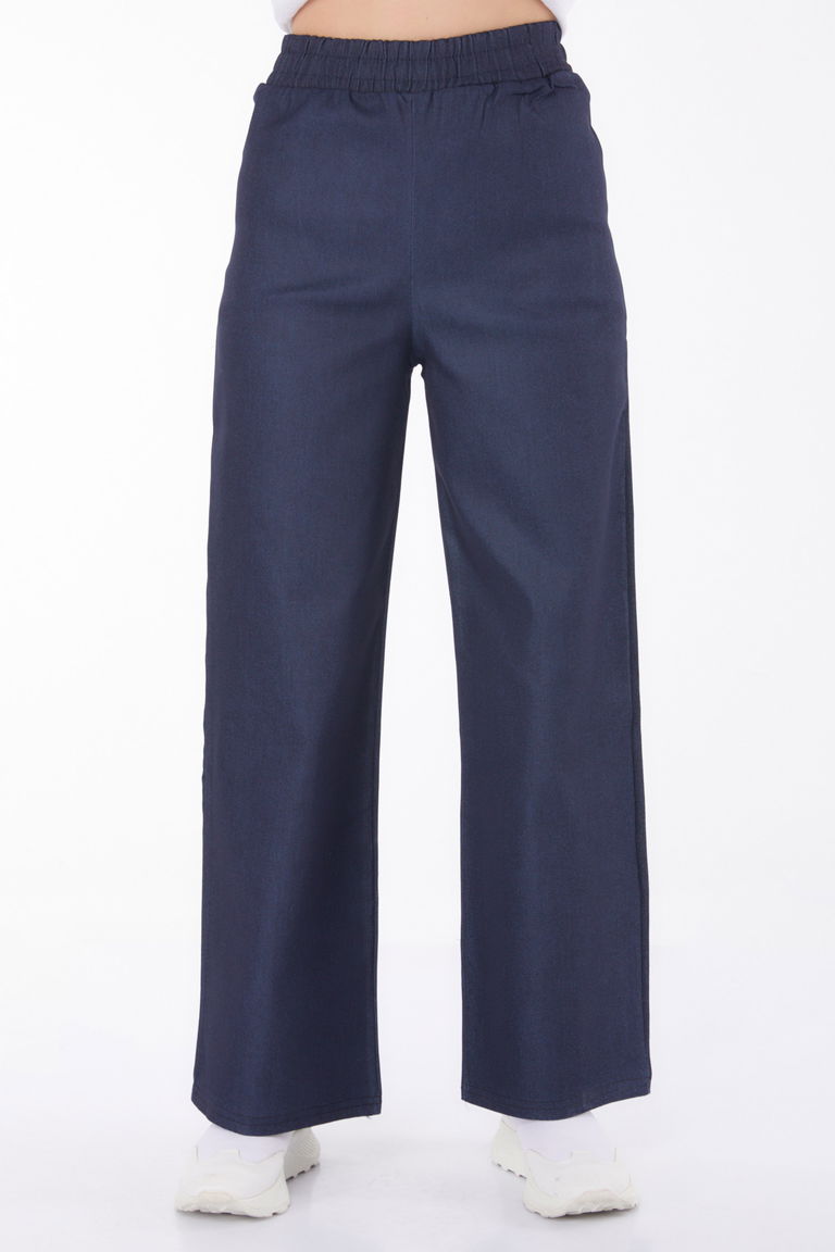 Düz Orta Kadın Koyu Lacivert Beli Lastikli Kot Patolon - 25637 - TOFİSA