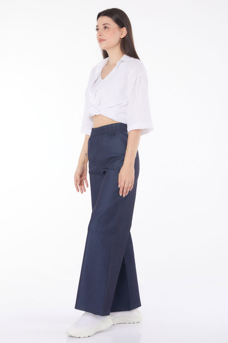 Düz Orta Kadın Koyu Lacivert Beli Lastikli Kot Patolon - 25637 - TOFİSA