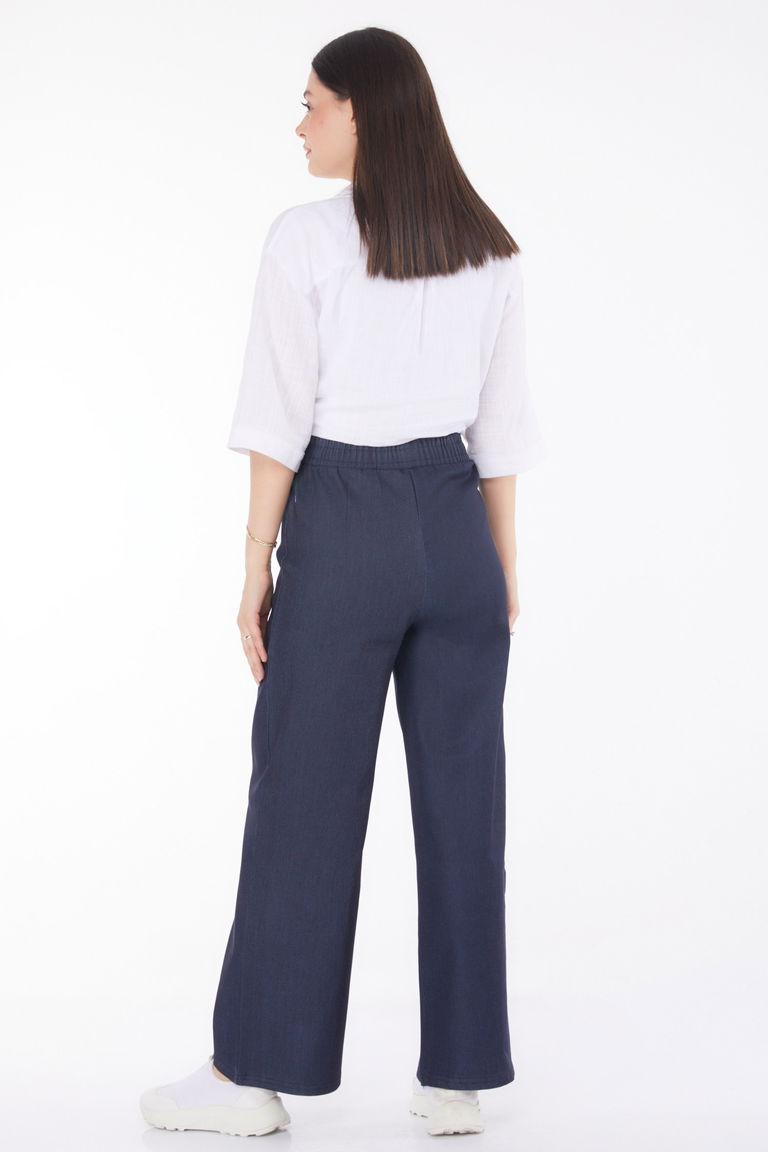 Düz Orta Kadın Koyu Lacivert Beli Lastikli Kot Patolon - 25637 - TOFİSA