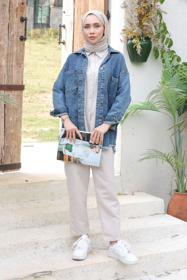 Düz Orta Kadın Koyu Mavi Cepli Kot Ceket - 26576 - TOFİSA