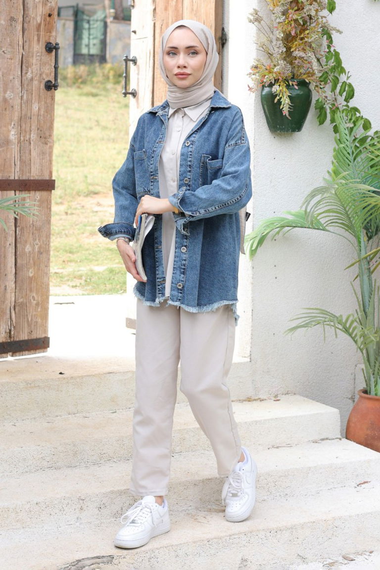 Düz Orta Kadın Koyu Mavi Cepli Kot Ceket - 26576 - TOFİSA