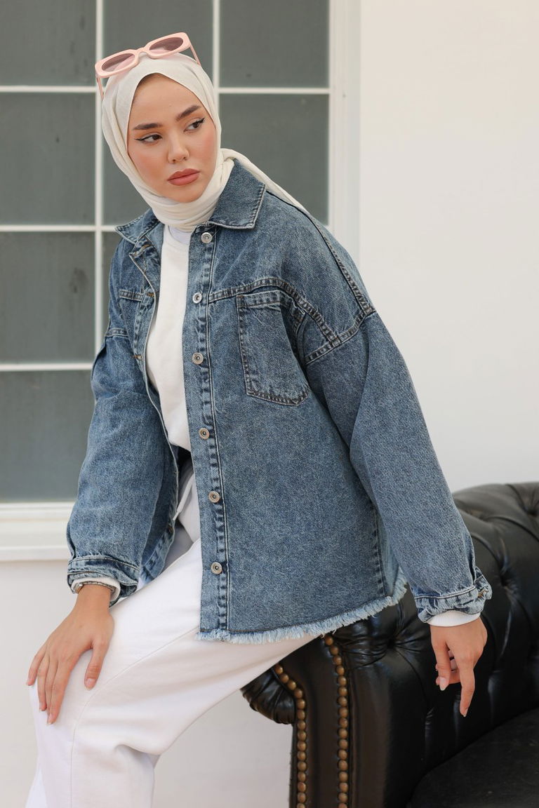 Düz Orta Kadın Koyu Mavi Cepli Kot Ceket - 26580 - TOFİSA