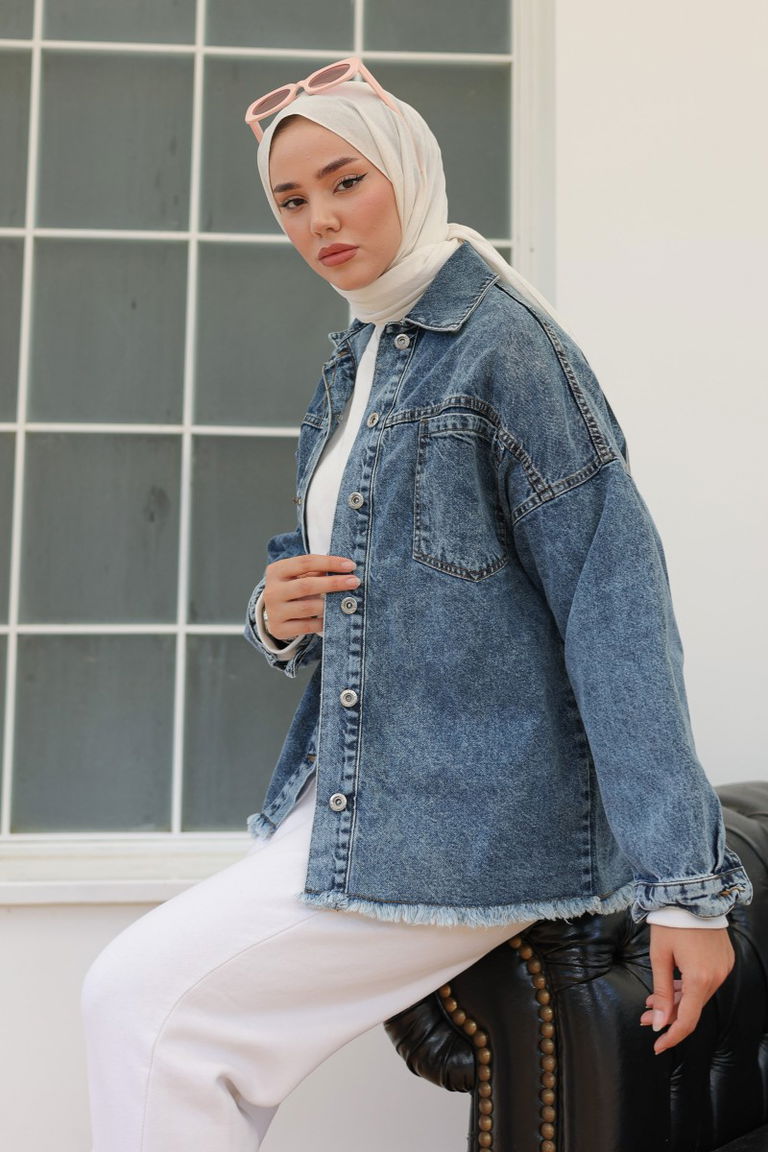 Düz Orta Kadın Koyu Mavi Cepli Kot Ceket - 26580 - TOFİSA