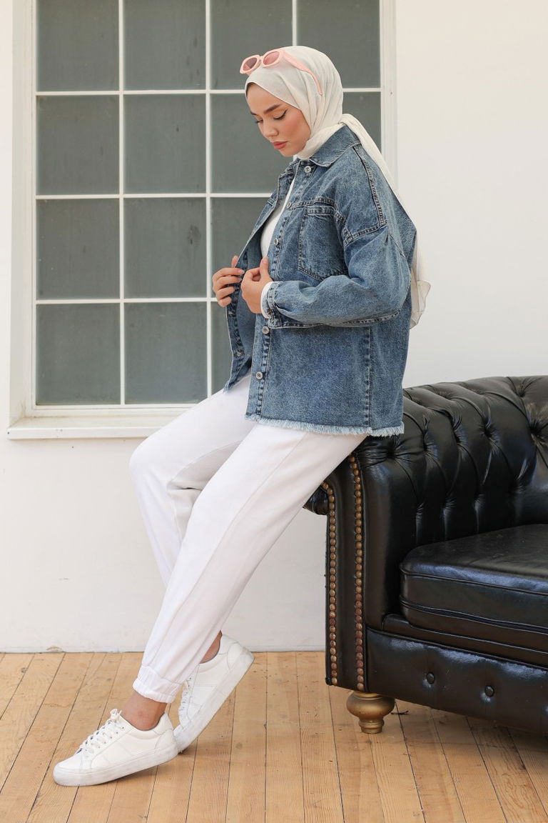 Düz Orta Kadın Koyu Mavi Cepli Kot Ceket - 26580 - TOFİSA