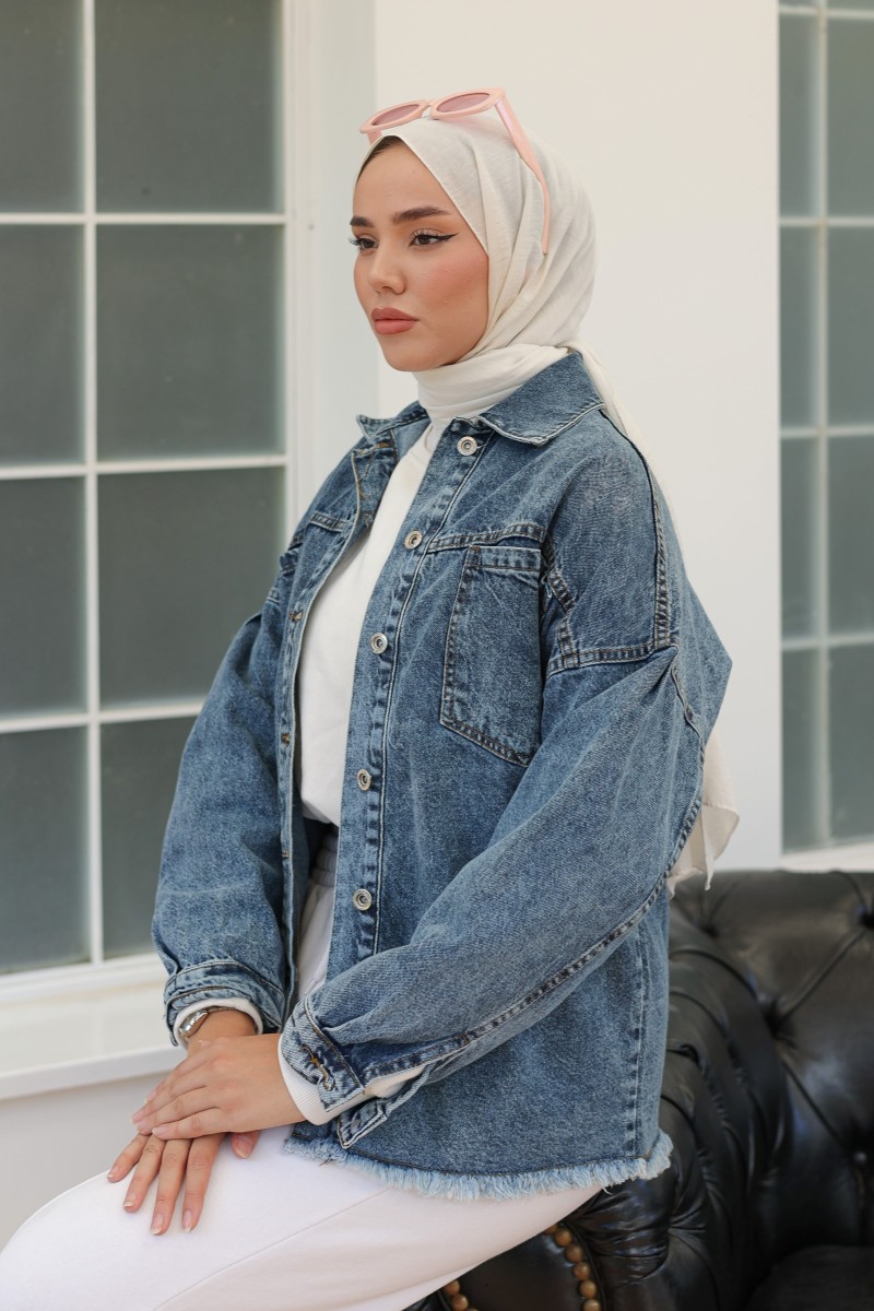 Düz Orta Kadın Koyu Mavi Cepli Kot Ceket - 26580 - 5