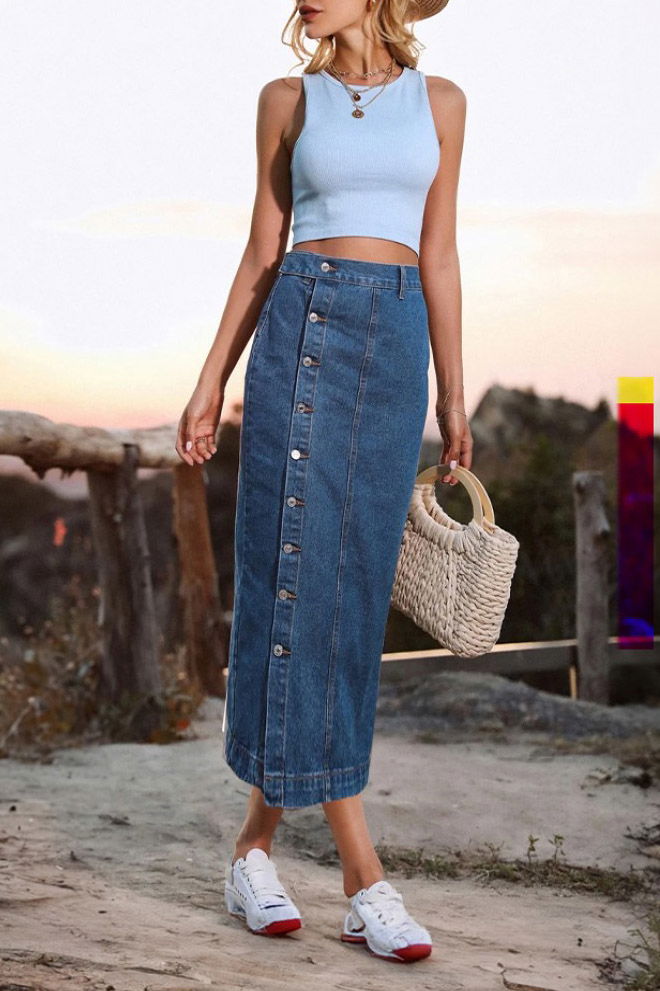 Düğmeli Kot Etek Koyu Mavi - 26618 - TOFİSA