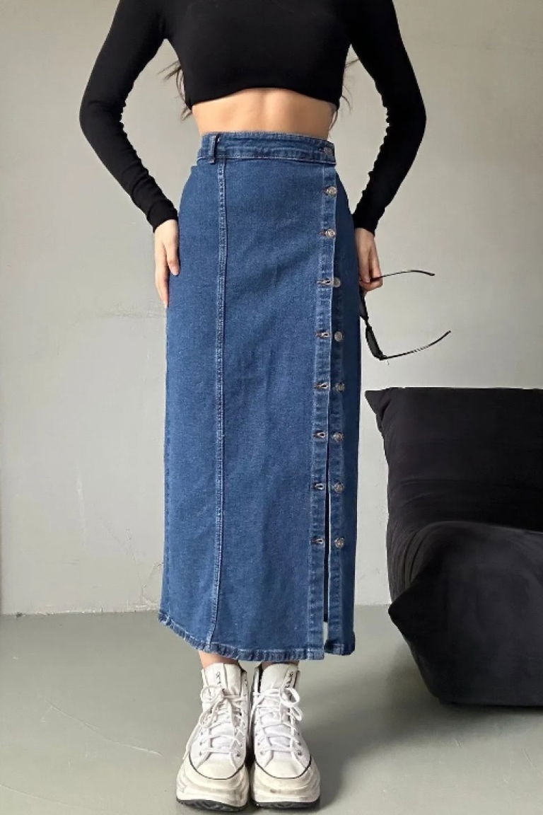 Düğmeli Kot Etek Koyu Mavi - 26618 - TOFİSA