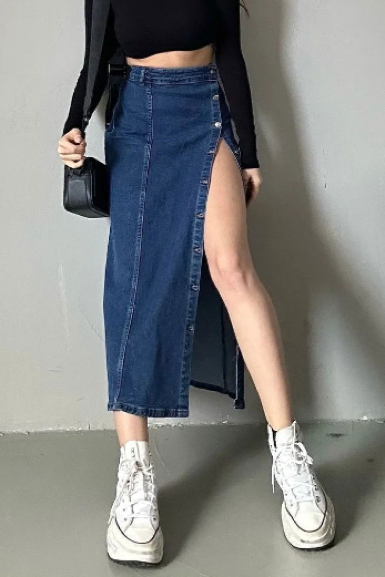 Düğmeli Kot Etek Koyu Mavi - 26618 - TOFİSA