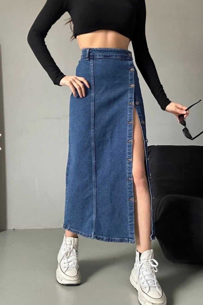 Düğmeli Kot Etek Koyu Mavi - 26618 - TOFİSA