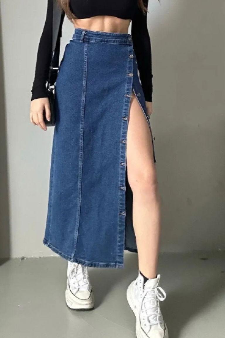 Düğmeli Kot Etek Koyu Mavi - 26618 - TOFİSA