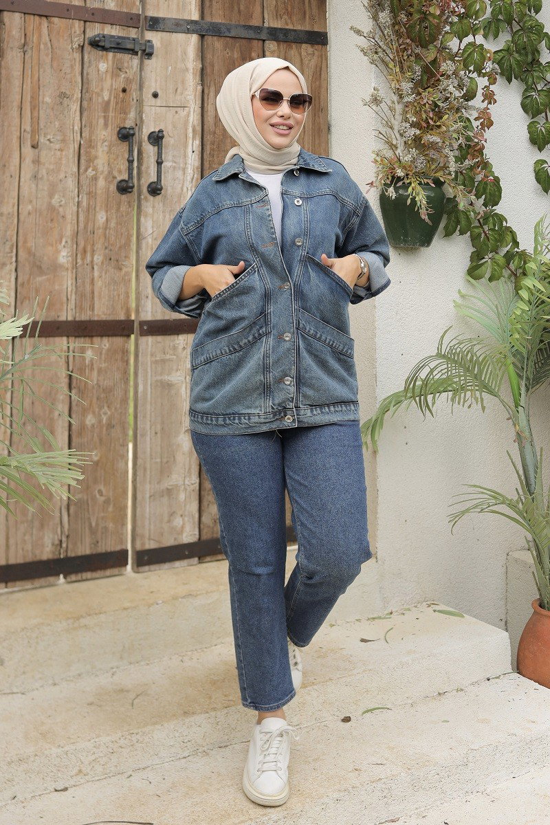 Kadın Oversize Çift Cep Detaylı Kot Ceket Koyu Mavi - 26589 - 5