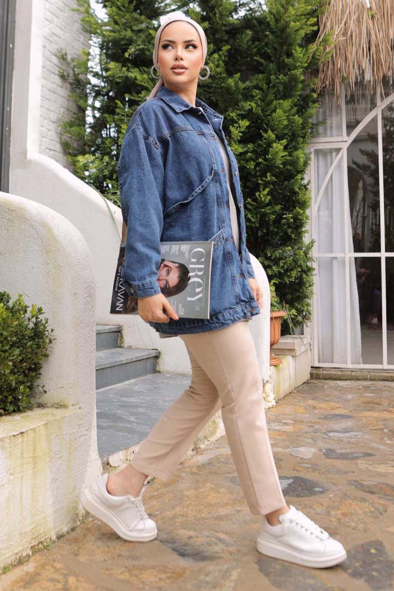 Kadın Oversize Çift Cep Detaylı Kot Ceket Koyu Mavi - 26589 - 6