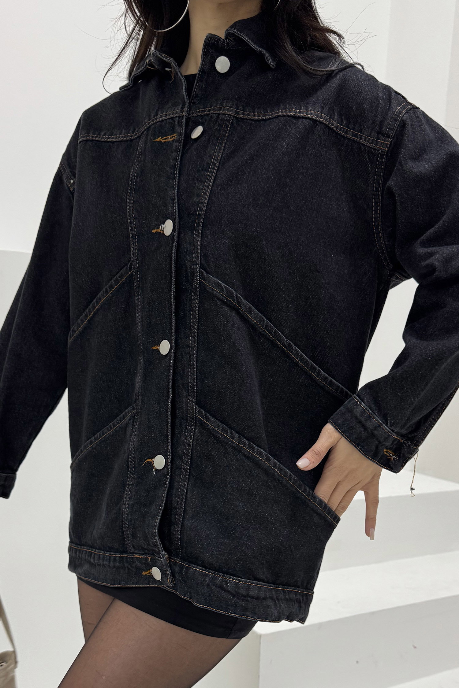 Kadın Oversize Çift Cep Detaylı Kot Ceket Koyu Mavi - 26589 - 8