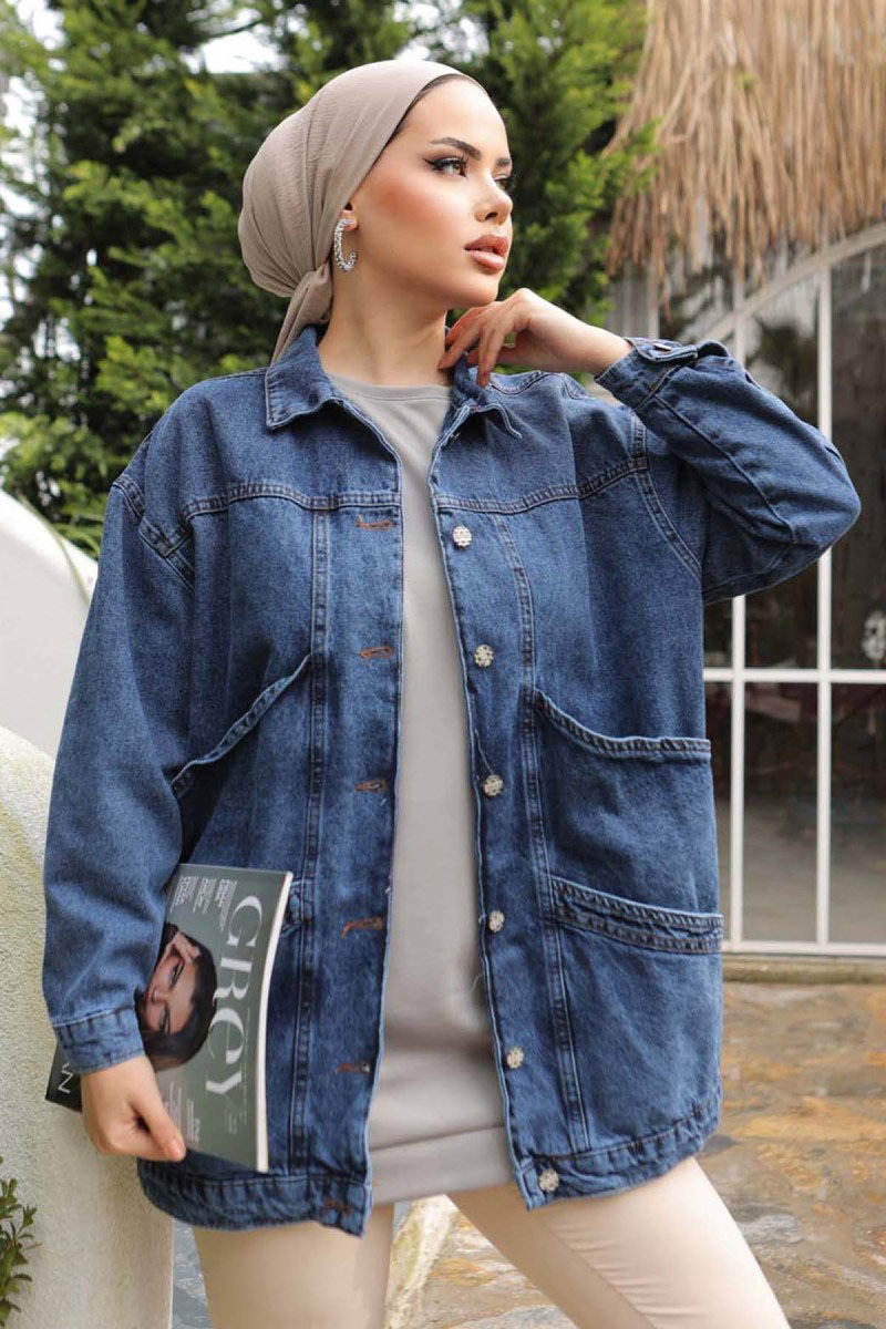 Kadın Oversize Çift Cep Detaylı Kot Ceket Koyu Mavi - 26589 - 11