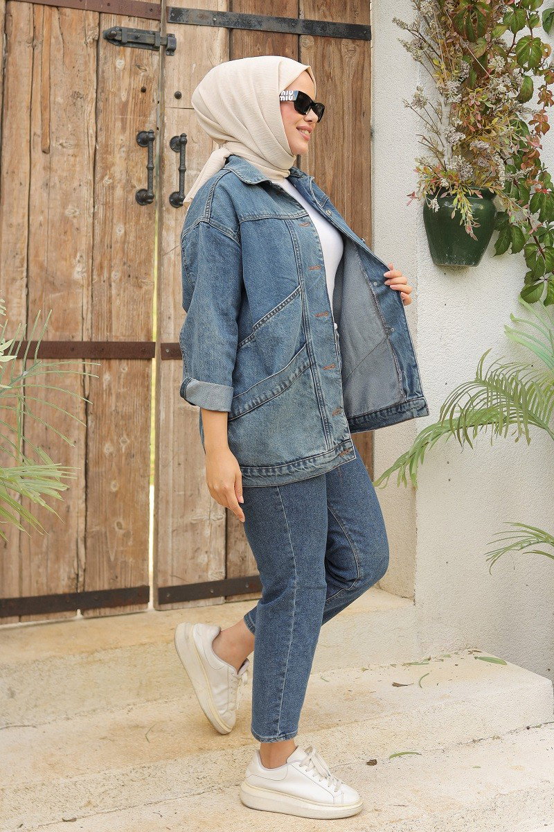 Kadın Oversize Çift Cep Detaylı Kot Ceket Koyu Mavi - 26589 - 13