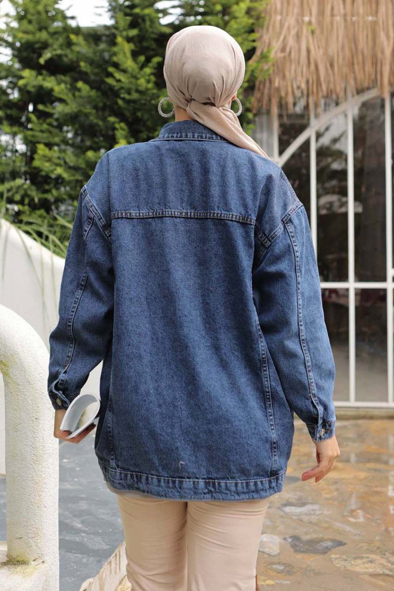 Kadın Oversize Çift Cep Detaylı Kot Ceket Koyu Mavi - 26589 - 14