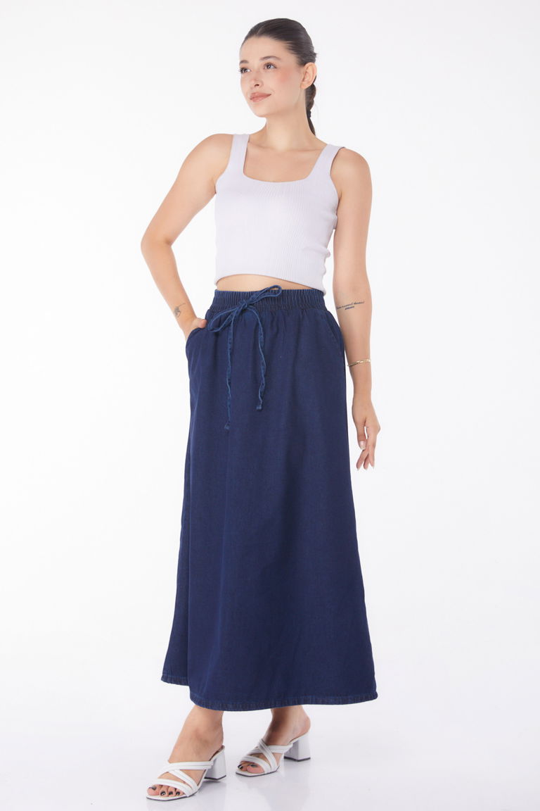 Düz Orta Kadın Koyu Mavi İnce Tensel Kot Etek - 25360 - TOFİSA