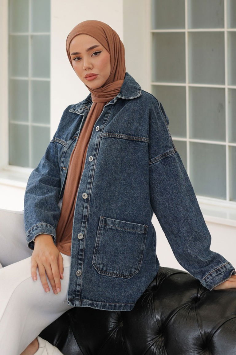 Kadın Kar Yıkama Çift Cepli Düğmeli Kot Ceket Koyu Mavi - 26657 - TOFİSA