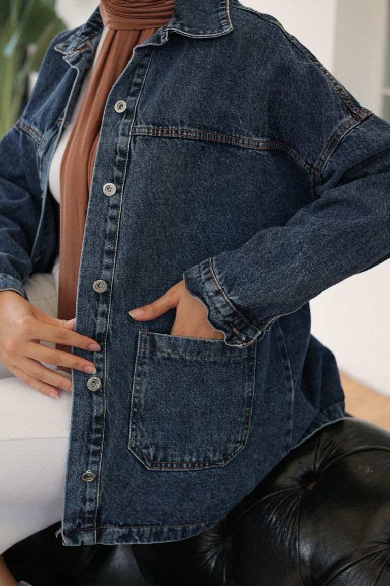 Kadın Kar Yıkama Çift Cepli Düğmeli Kot Ceket Koyu Mavi - 26657 - TOFİSA