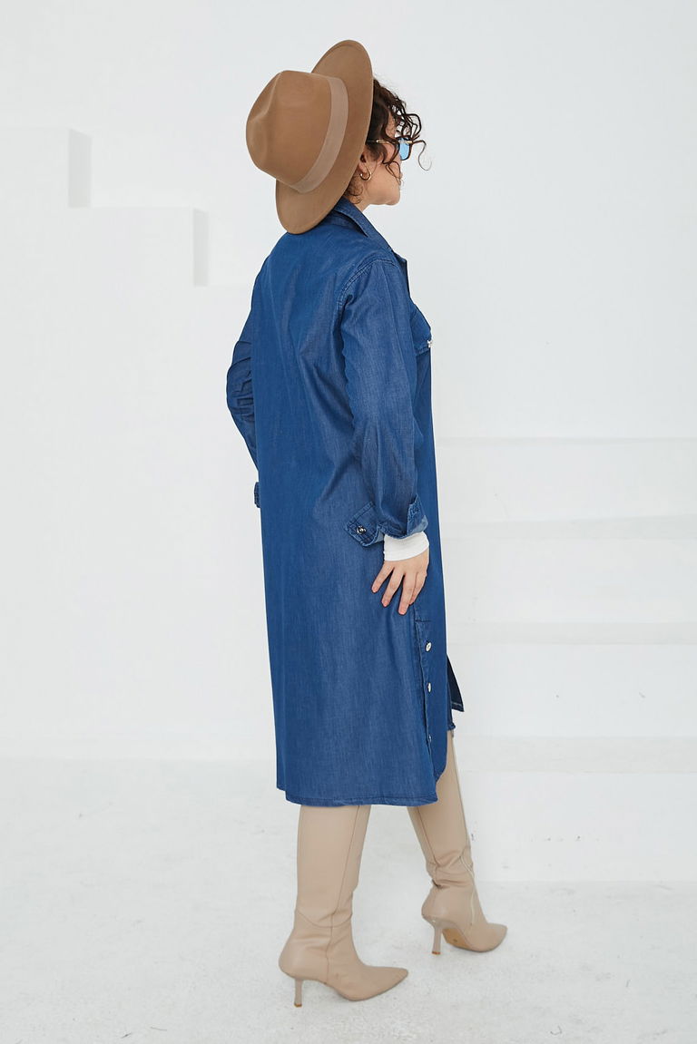 Kadın Cepli Yandan Düğmeli Kot Trenç Kap Koyu Mavi - 26658 - TOFİSA