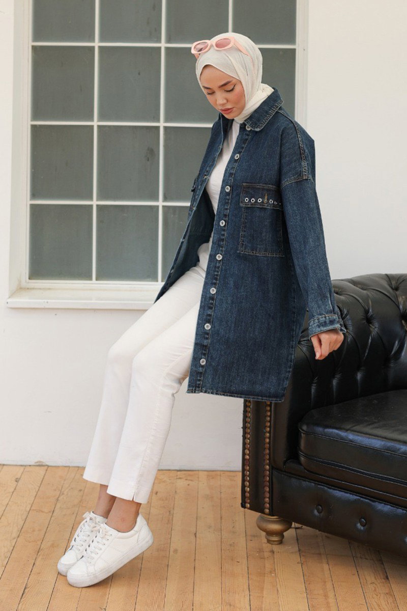 Kadın Oversize Kuş Gözü Cepli Kot Ceket Koyu Mavi - 26579 - 1