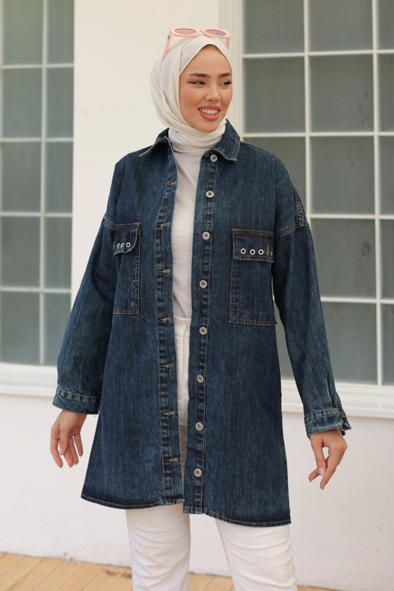 Kadın Oversize Kuş Gözü Cepli Kot Ceket Koyu Mavi - 26579 - 2