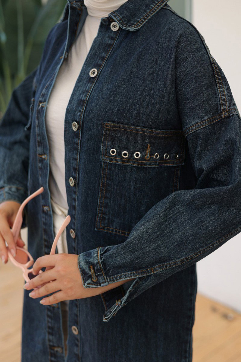 Kadın Oversize Kuş Gözü Cepli Kot Ceket Koyu Mavi - 26579 - 3