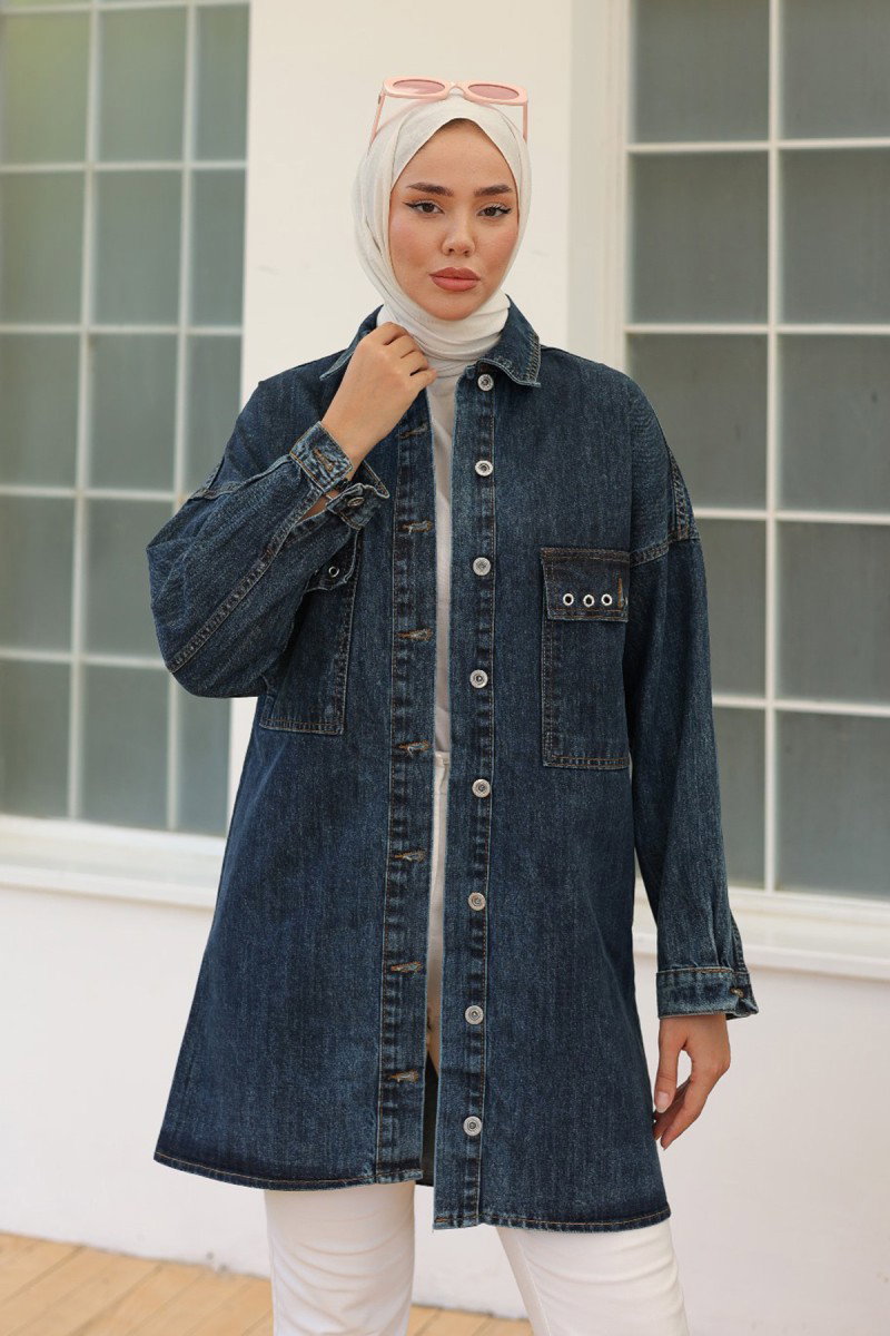 Kadın Oversize Kuş Gözü Cepli Kot Ceket Koyu Mavi - 26579 - 4