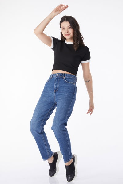 Düz Orta Kadın Koyu Mavi Mom Jeans Kot Pantolon - 50009 