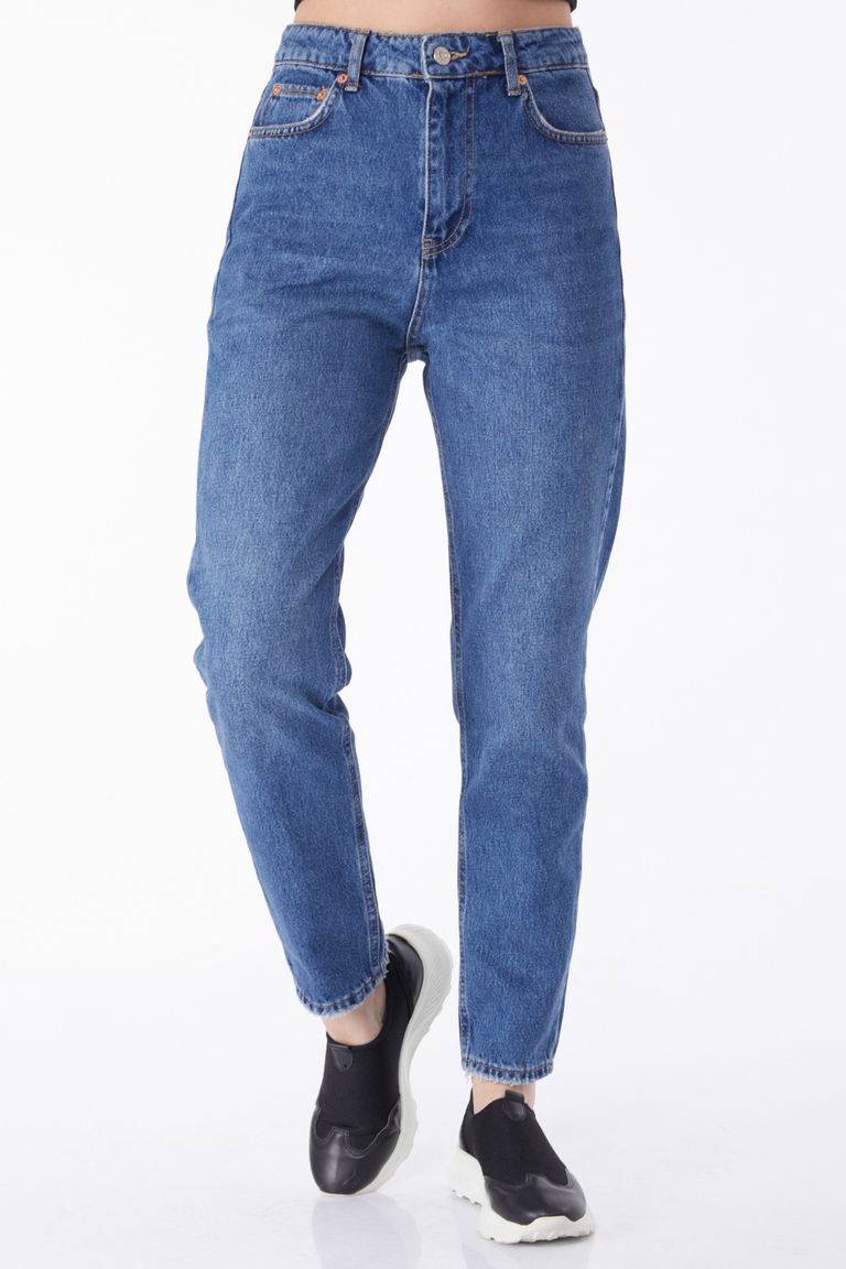 Düz Orta Kadın Koyu Mavi Mom Jeans Kot Pantolon - 50009 - TOFİSA