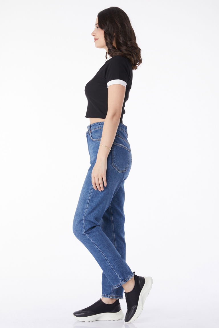 Düz Orta Kadın Koyu Mavi Mom Jeans Kot Pantolon - 50009 - TOFİSA