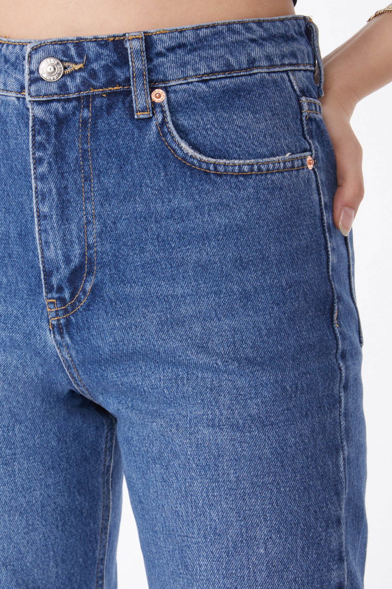 Düz Orta Kadın Koyu Mavi Mom Jeans Kot Pantolon - 50009 - TOFİSA