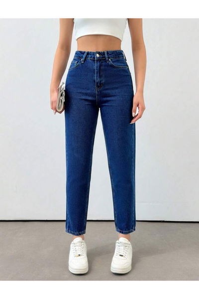 Düz Orta Kadın Koyu Mavi Slim Fit Mom Jeans - 2-13360 
