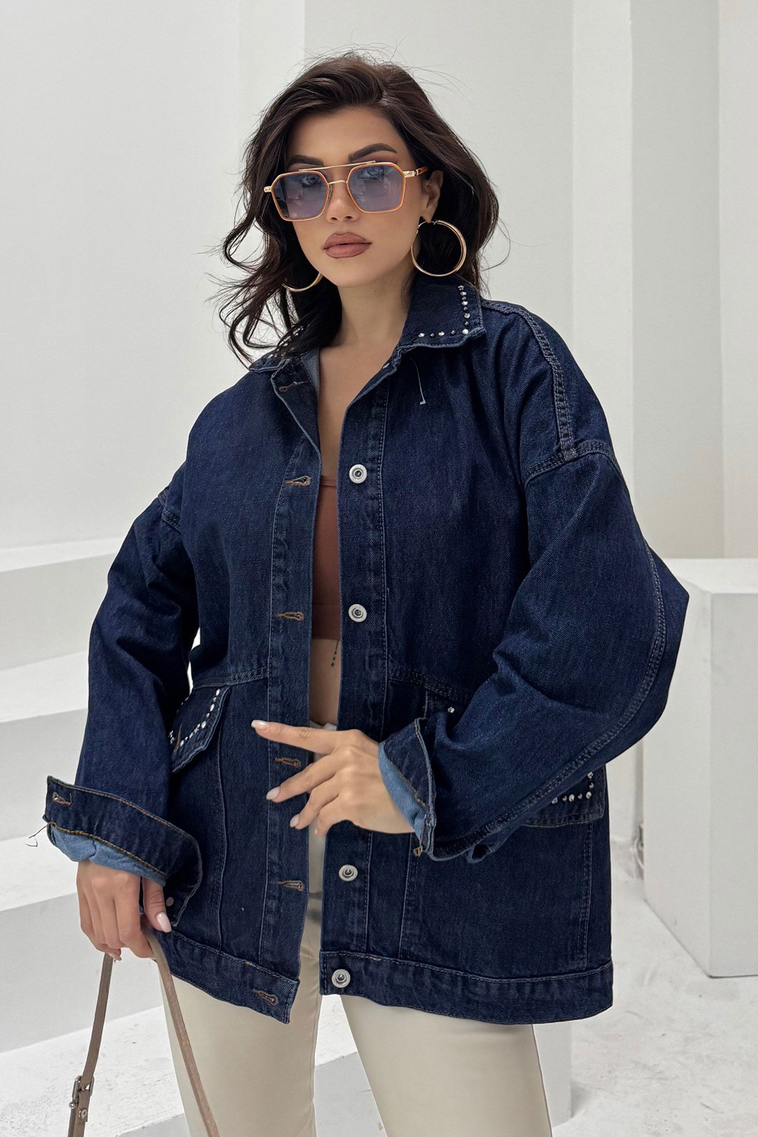 Kadın Taş Detaylı Oversize Denim Kot Ceket Koyu Mavi - 26572 - 2